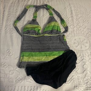 Leilani Striped Green and Black Halter Bikini Set
